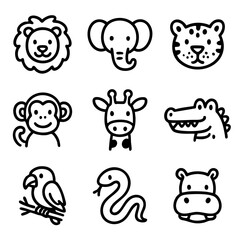 Fototapeta premium A set of doodle line icons featuring cute jungle and safari animals like lion, elephant, monkey, crocodile, snake, and giraffe