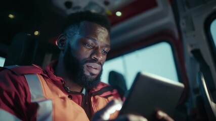 Black paramedic wearing orange uniform using digital tablet while sitting inside ambulance during night emergency call, receiving information or communicating with hospital - Powered by Adobe
