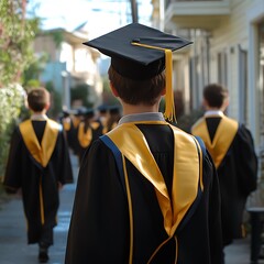Young graduates walking a ceremony.  Students in academic gowns, caps, and tassels.  A group of children, likely elementary school, are participating in a graduation event