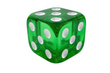 Close-up of a translucent green dice with white pips showing several sides and edges, isolated on transparent background