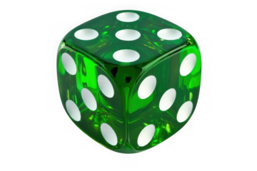 Close-up of a green translucent dice with white dots showing number seven for games and gambling isolated on transparent background