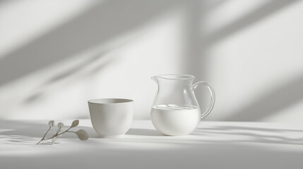 Fototapeta premium A glass milk jug and cup with cream on a white background, high-resolution photography