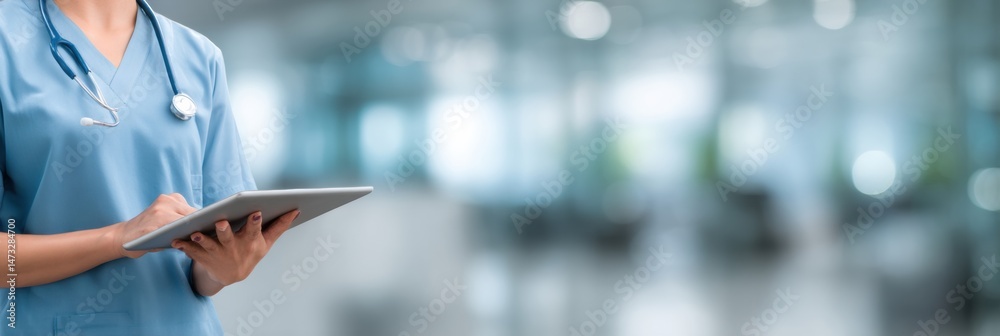 Poster nurse using tablet in modern healthcare setting with blurred background and clean environment