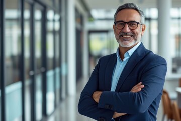 Fototapeta premium A smiling man in a suit standing in a modern office hallway with his arms crossed.