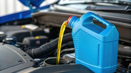 Blue container pouring liquid into a car engine's reservoir.