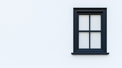 A single black-framed window on a plain white wall, showcasing minimalist architectural design.