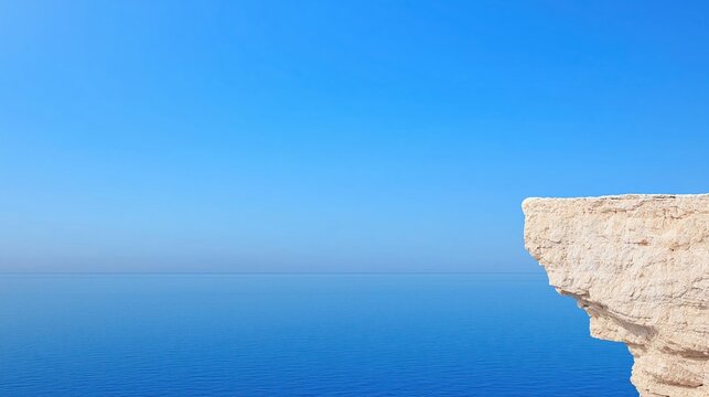 A rocky cliff overlooks a calm, blue sea under a clear, cloudless sky. - Powered by Adobe