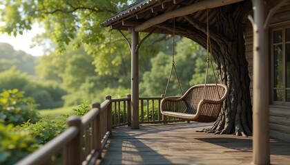 Old Wooden Terrace with Wicker Swing Hanging on Tree and Blurry Nature Background 3D Render for Peaceful Outdoor Scene