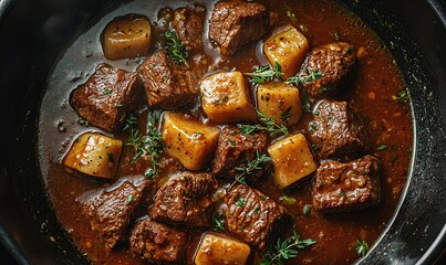 Hearty beef stew with potatoes and herbs in a dark pan.
