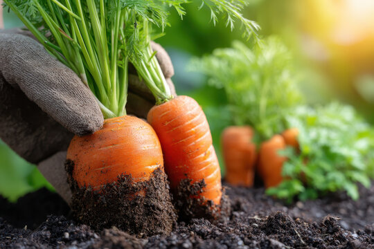 Fresh vegetable gardening tips show seasonal carrots being harvested with soil and green leaves in sunlight