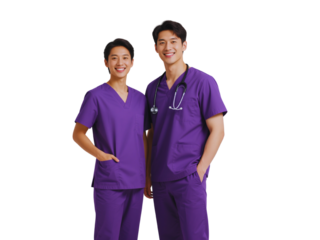 Two Smiling Asian Male Doctors in Purple Scrubs
