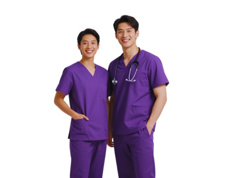 Two Smiling Asian Male Doctors in Purple Scrubs