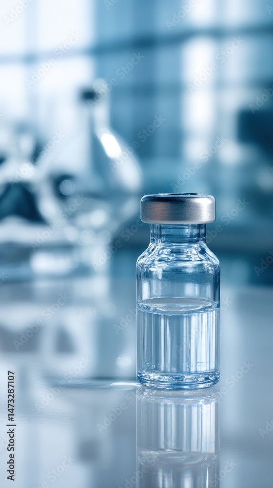 Poster clear vaccine vial placed on sterile table surface in a clinical setting showcasing preparation for 