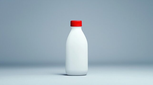 A small white plastic bottle with a red cap is centered against a plain light gray background.