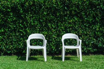 Two white chairs in a grassy yard