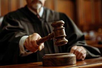 A judge in a courtroom, holding a gavel, in a wooden courtroom with a wooden bench and a wooden table.