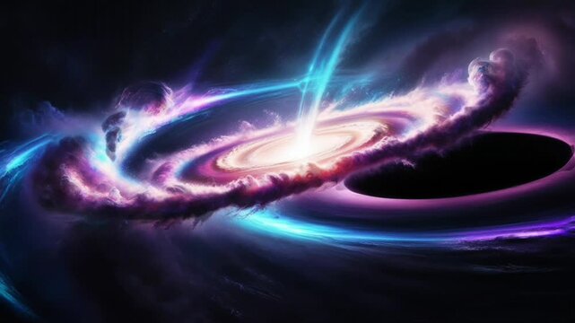 A black hole depicted with a rapidly rotating, colorful accretion disk, creating an intense light effect. The background is filled with distant stars and nebulae,