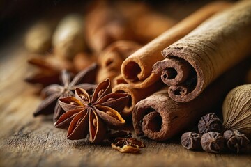 Close-up macro photography of aromatic sweet spices - cinnamon, star anise and cloves, wooden surface
