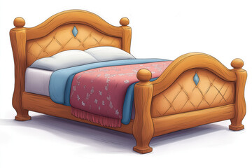 A wooden double bed with a curved headboard and footboard, featuring a diamond-patterned design and a soft bedding set