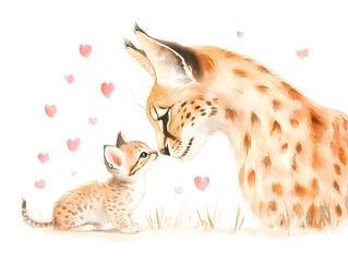 A tender moment between a loving mother lynx and her adorable baby kitten, surrounded by hearts.
