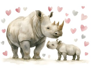 Obraz premium An adorable watercolor painting shows a mother rhino and her baby calf surrounded by pink and gray hearts.