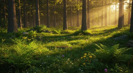 Fototapeta premium Sun Rays Shining Through Forest Trees Onto Lush Green Meadow