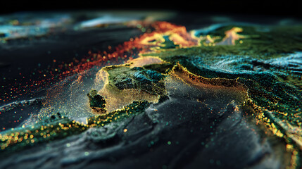 Futuristic 3D visualization of a topographic map enhanced with glowing multicolor data points, representing geospatial or environmental analytics.
