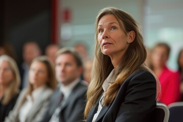 Fototapeta premium A woman in a black suit listening to a presentation in a conference room.