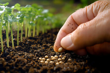 Close Up of a Person Planting Seeds in Dark Brown Soil with Green Seedlings in Bright Sunlight Agriculture Gardening Concept