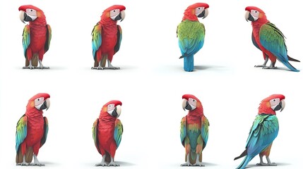 Naklejka premium Collection of Eight Realistic Red and Green Macaws in Various Poses: Isolated on White Background. Vibrant and Lifelike Avian Display.