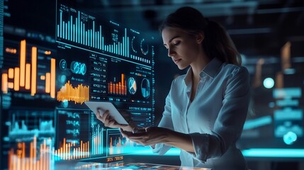 A marketing strategist analyzing digital ad performance, glowing data charts in the background, hyper realistic business setting – high-quality AI image