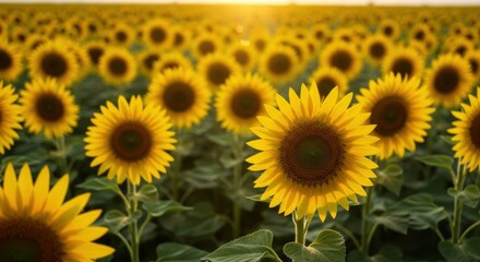 Fototapeta premium Sunflower Field Blooming at Sunset with Golden Light