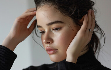 Fototapeta premium Close-Up Female Squinting Touching Temples with Thoughtful or Headache Expression on White Background