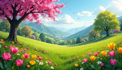 Vibrant spring landscape showcasing nature's renewal , field, fresh, growth
