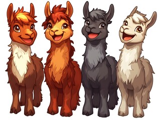 Four adorable cartoon llamas in various colors stand happily together against a white background perfect for kids illustrations.