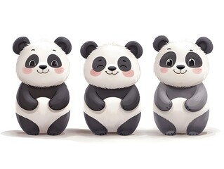 Naklejka premium Three adorable cartoon pandas stand together smiling happily in a row on white background perfect for kids illustrations.