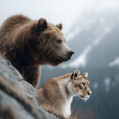 Fototapeta premium A majestic bear and a graceful lioness gaze into the distance, capturing the essence of wildlife in a serene landscape.