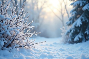 Icy snow covers a winter landscape, branches laden with frost Frozen beauty , tranquil, ice crystals