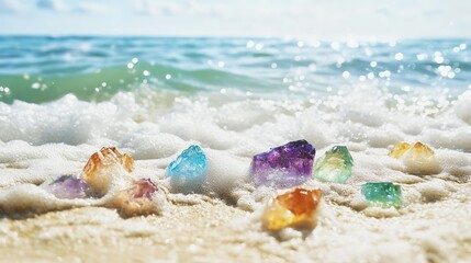 Obraz premium Floating Colorful Crystals in Ocean Waves: Beachfront Nature's Magical Display. A Fusion of Color and Motion.