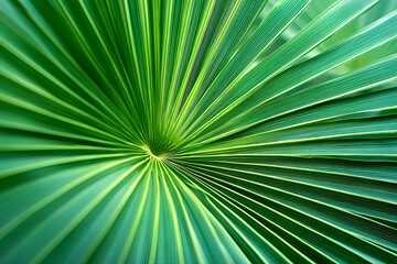 Close-up view of a vibrant green palm leaf, showcasing its intricate texture and patterns, perfect for nature and tropical themes.