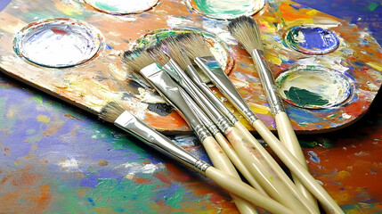 Fototapeta premium Close Up of Paintbrushes on Multicolored Palette Full of Various Paints with Bright Lighting for Artistic Expression and Creative Hobby Flatlay