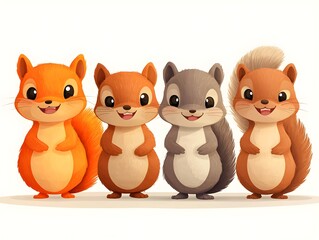 Obraz premium Four adorable cartoon squirrels stand together in a row on a white background showcasing their cute and happy expressions.