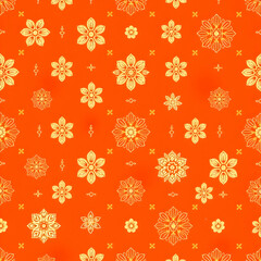 Traditional Chinese gold floral fabric pattern on amber orange background.