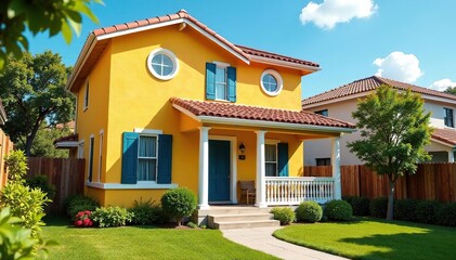 A freshly painted house, vibrant exterior, sunny day , house painting, dwelling, house