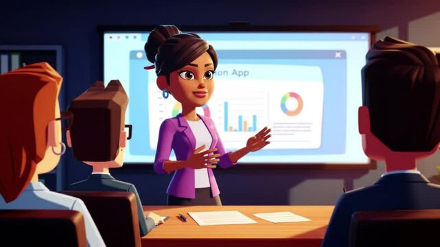 A cartoon entrepreneur pitching to investors, showing a slideshow, sleek boardroom, slow pan shot, late afternoon, dramatic lighting, cinematic cartoon style