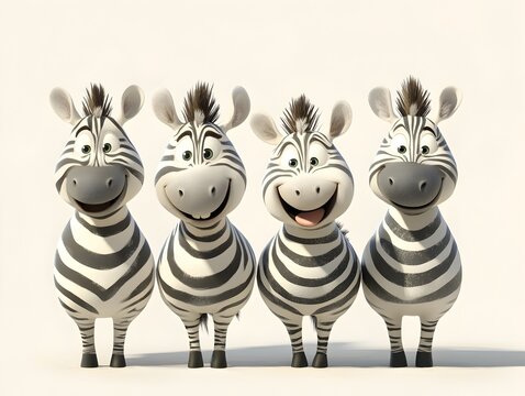 Four adorable cartoon zebras stand together smiling happily in a row against a plain white background.