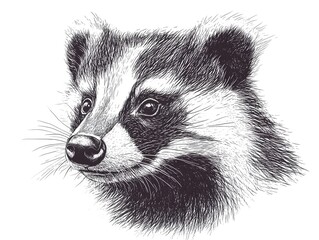 Detailed black and white pen and ink drawing of a raccoon head and face looking to the right side.