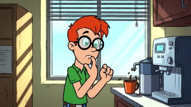 Cartoon intern making coffee nervously, spilling a little, office break room, mid-shot, morning, humorous lighting, classic cartoon style