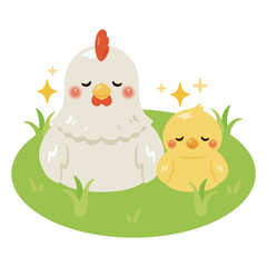 平飼いでリラックスするニワトリとヒヨコのイラスト