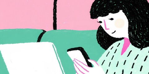 Illustration of woman using phone and laptop on sofa at home artwork , hand drawing.